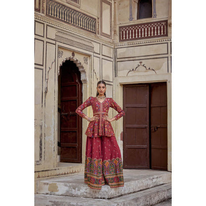 KALISTA Red Amber Palazzo with Peplum Top and Belt (Set of 2)