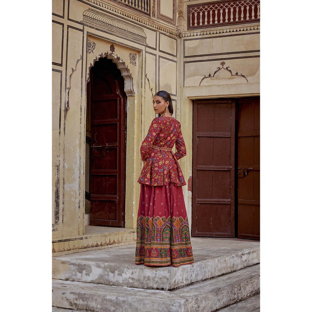KALISTA Red Amber Palazzo with Peplum Top and Belt (Set of 2)