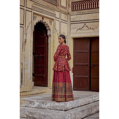 KALISTA Red Amber Palazzo with Peplum Top and Belt (Set of 2)