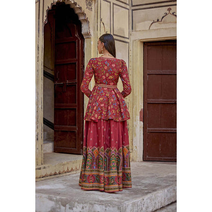 KALISTA Red Amber Palazzo with Peplum Top and Belt (Set of 2)