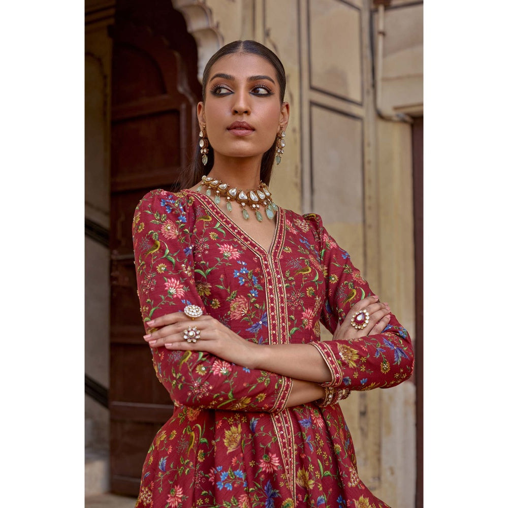KALISTA Red Amber Palazzo with Peplum Top and Belt (Set of 2)