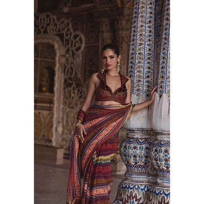 KALISTA Maroon Inara Saree with Stitched Blouse and Belt