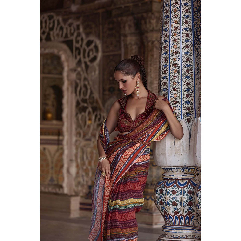 KALISTA Maroon Inara Saree with Stitched Blouse and Belt