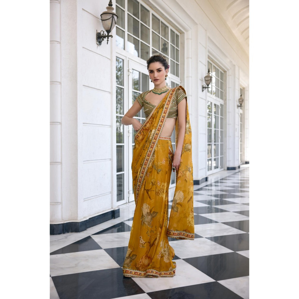 KALISTA Yellow Draped Saree with Stitched Blouse
