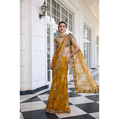 KALISTA Yellow Draped Saree with Stitched Blouse