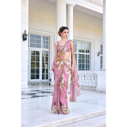 KALISTA Purple Draped Saree with Stitched Blouse