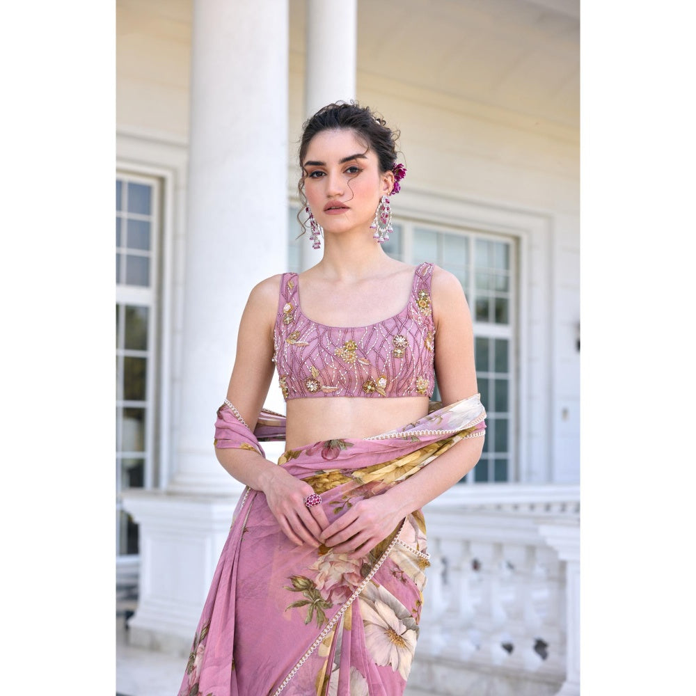 KALISTA Purple Draped Saree with Stitched Blouse