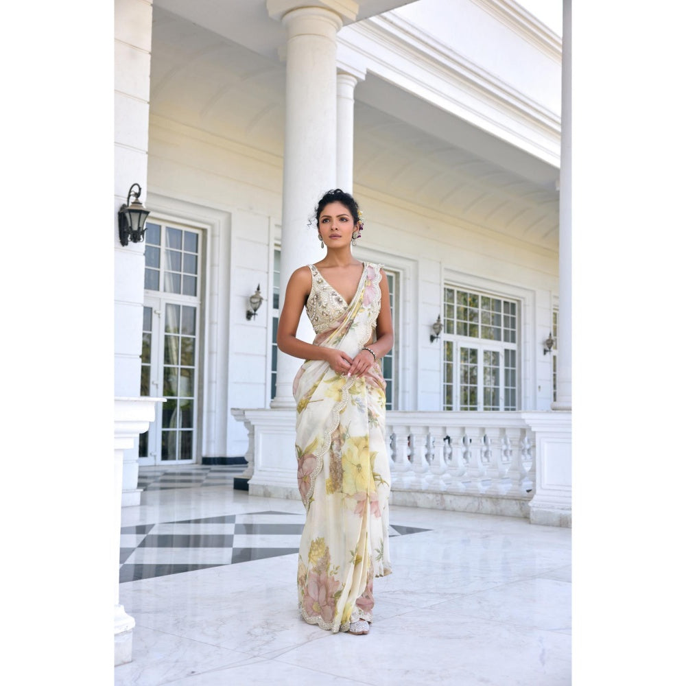KALISTA White Draped Saree with Stitched Blouse