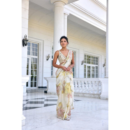 KALISTA White Draped Saree with Stitched Blouse