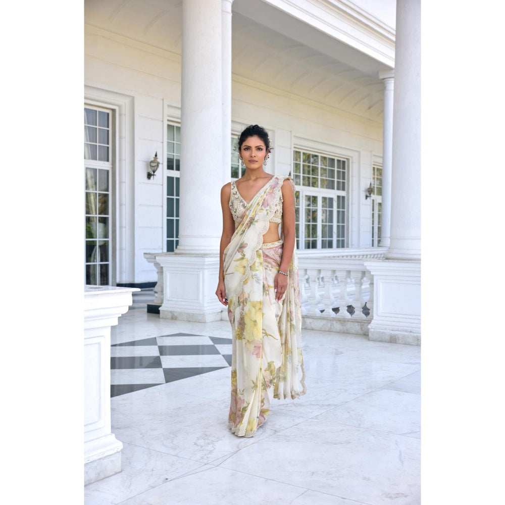 KALISTA White Draped Saree with Stitched Blouse
