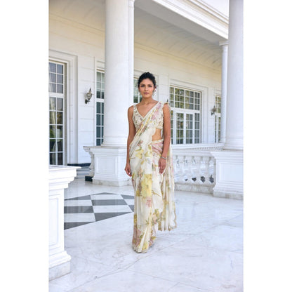 KALISTA White Draped Saree with Stitched Blouse