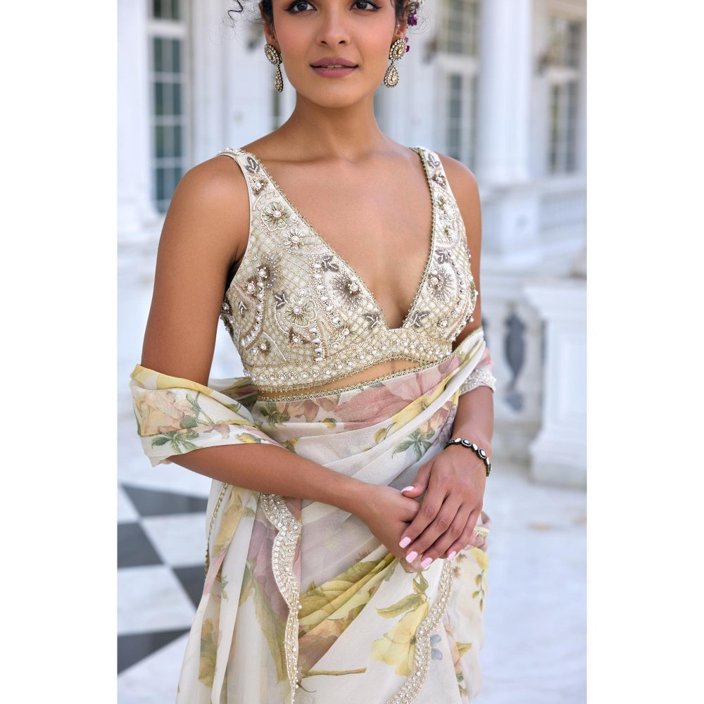 KALISTA White Draped Saree with Stitched Blouse
