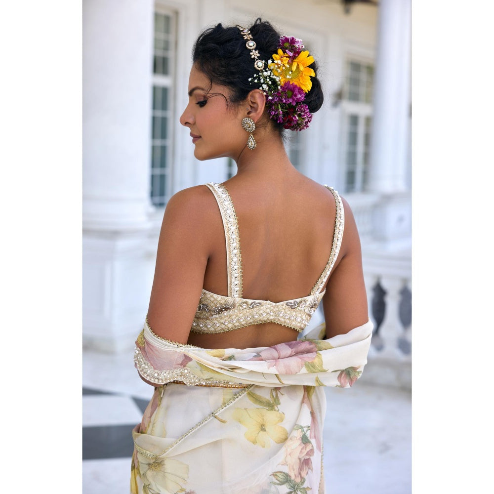 KALISTA White Draped Saree with Stitched Blouse