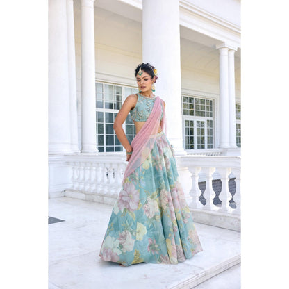KALISTA Blue Lehenga with Blouse and Dupatta