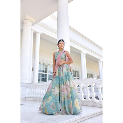 KALISTA Blue Lehenga with Blouse and Dupatta