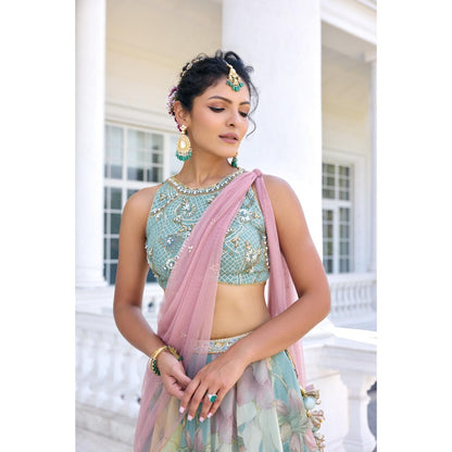 KALISTA Blue Lehenga with Blouse and Dupatta