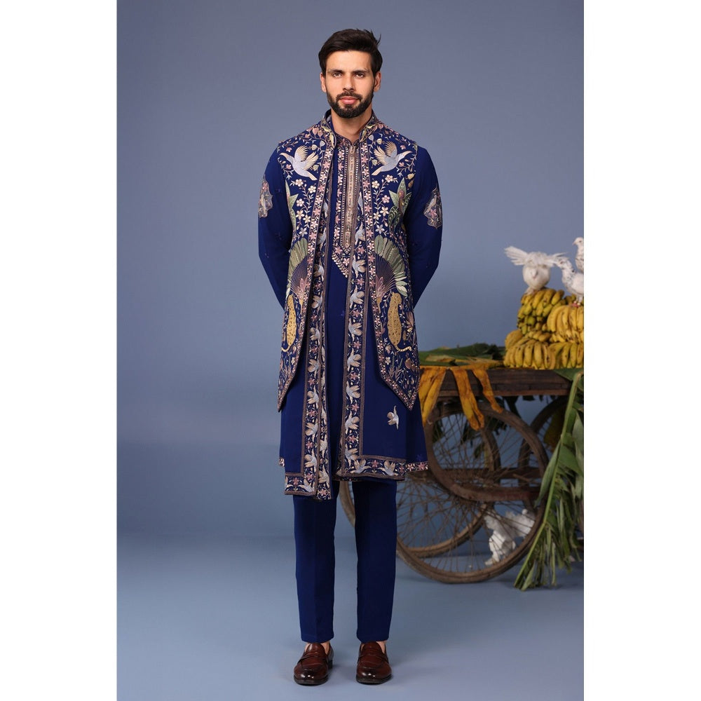 KALPRAAG Navy Blue Viscose Embroidered Kurta Jacket Set