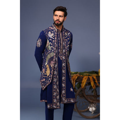KALPRAAG Navy Blue Viscose Embroidered Kurta Jacket Set