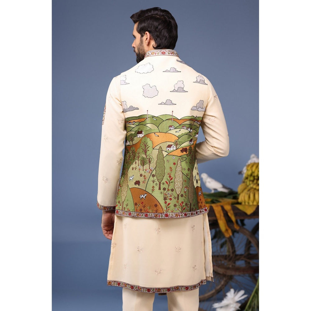 KALPRAAG Ivory Viscose Embroidered Kurta Jacket Set