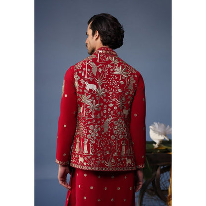 KALPRAAG Red Viscose Embroidered Kurta Jacket Set