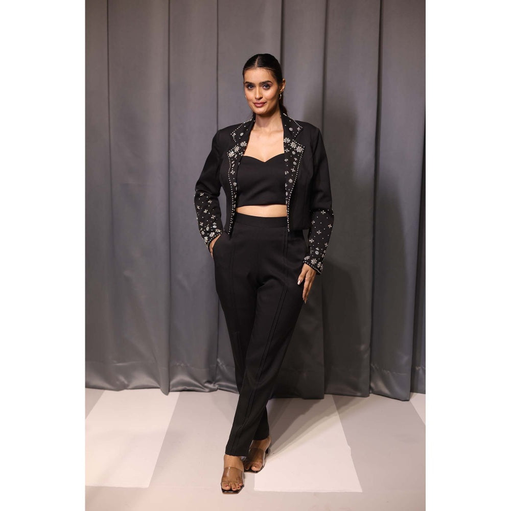 Kanika Verma Black Crop Blazer with Bustier and Pant (Set of 3)