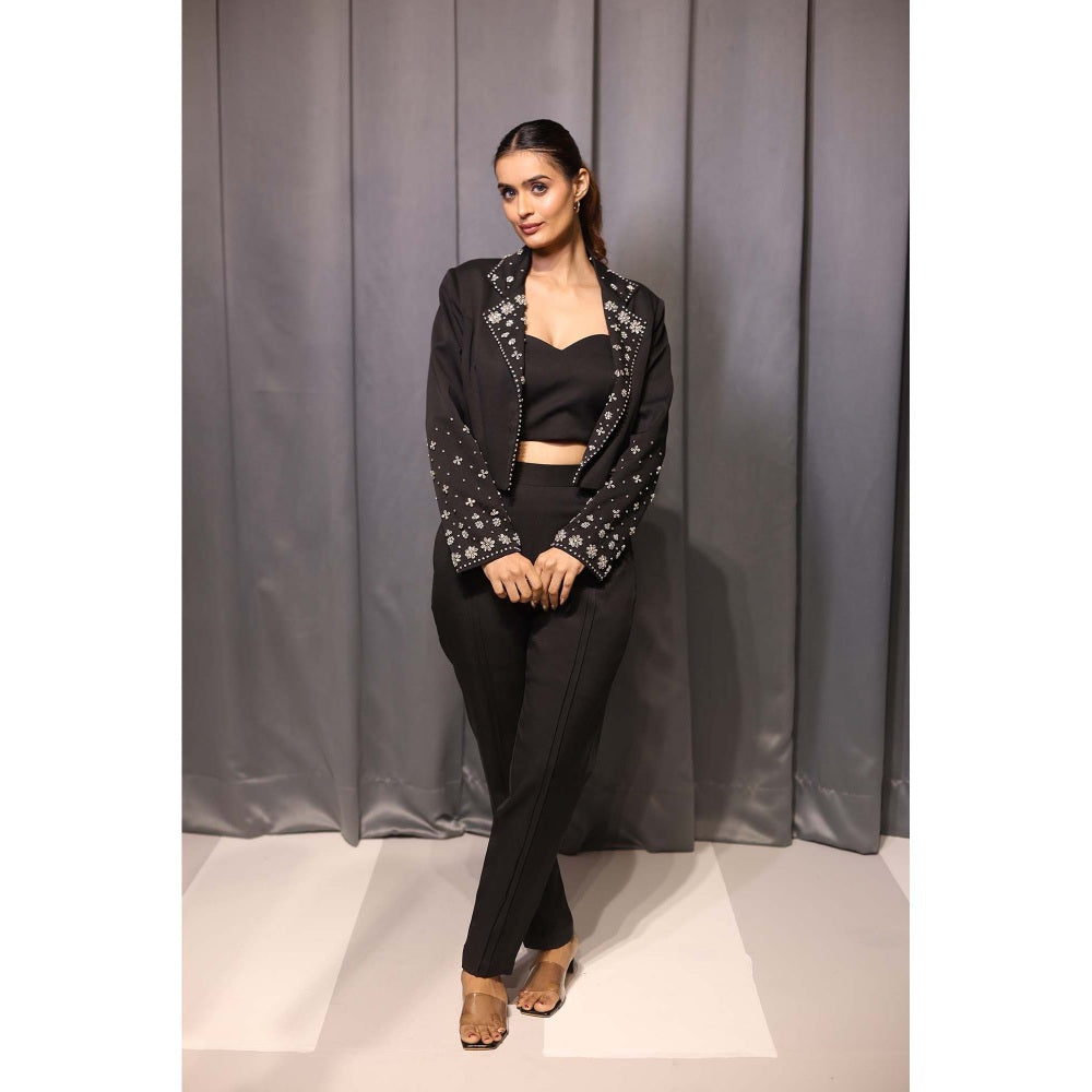 Kanika Verma Black Crop Blazer with Bustier and Pant (Set of 3)