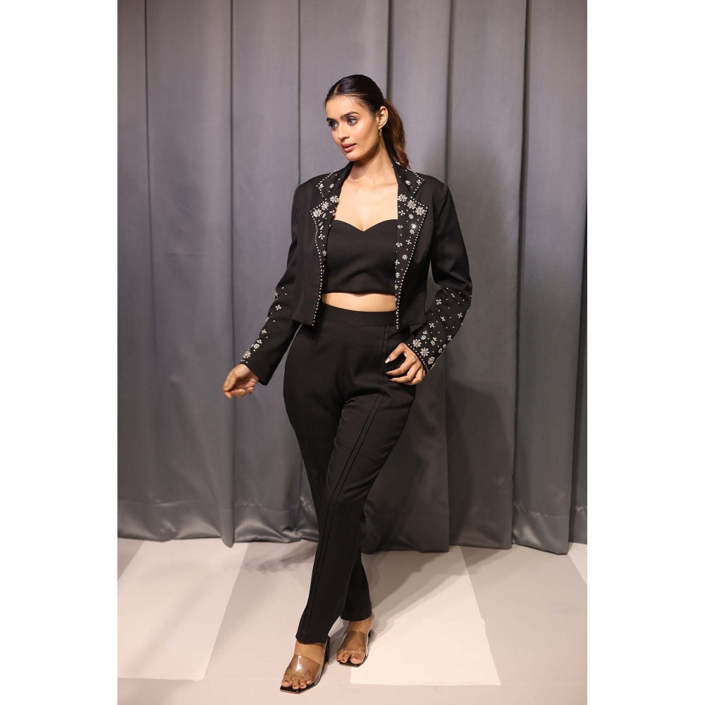 Kanika Verma Black Crop Blazer with Bustier and Pant (Set of 3)