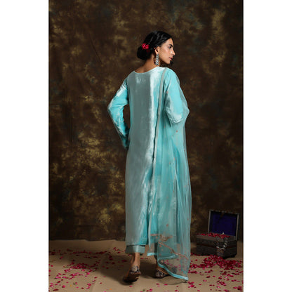 Kanika Sharma Neel Velvet Kurta A Net Dupatta with Embroidery Detailed Pant (Set of 3)