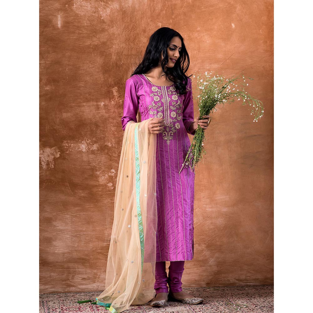 Kanika Sharma Purple Embroidered Kurta And Churidar With Dupatta (Set of 3)