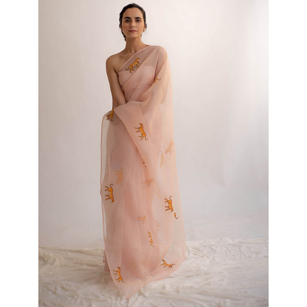 KAPARDARA A Pure Silk Organza Saree In The Shade Of Rose Pink With Hand Painted Motifs