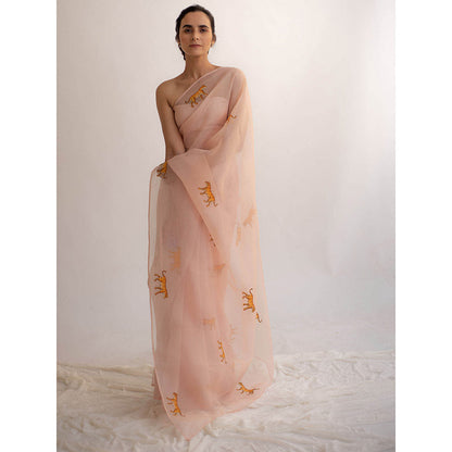 KAPARDARA A Pure Silk Organza Saree In The Shade Of Rose Pink With Hand Painted Motifs