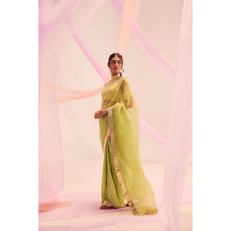 KAPARDARA Lime Green Saree without Blouse