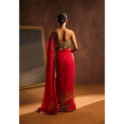 KAPARDARA Persian Red Saree without Blouse