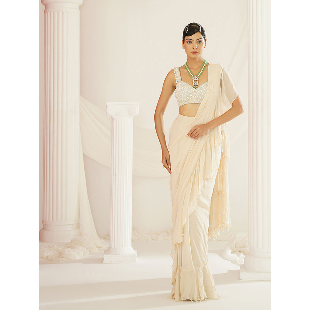 Kapda Dori Ivory Embellished Pre-Draped Ruffle Saree with Stitched Blouse