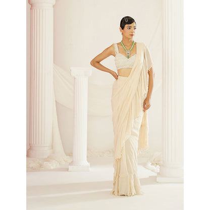Kapda Dori Ivory Embellished Pre-Draped Ruffle Saree with Stitched Blouse