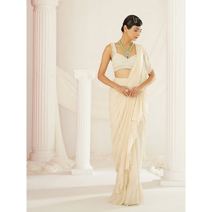 Kapda Dori Ivory Embellished Pre-Draped Ruffle Saree with Stitched Blouse