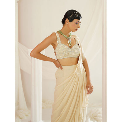 Kapda Dori Ivory Embellished Pre-Draped Ruffle Saree with Stitched Blouse