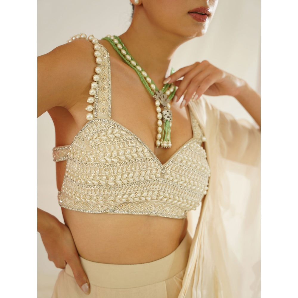 Kapda Dori Ivory Embellished Pre-Draped Ruffle Saree with Stitched Blouse