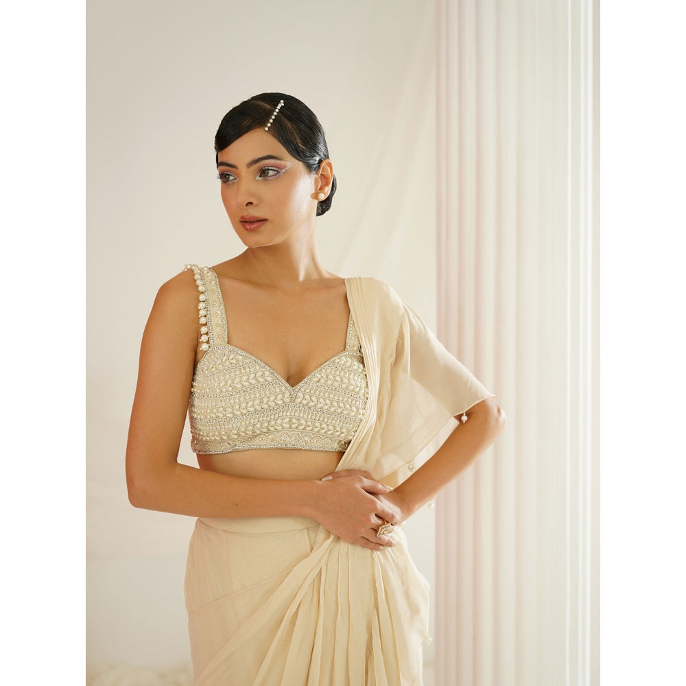 Kapda Dori Ivory Embellished Pre-Draped Ruffle Saree with Stitched Blouse