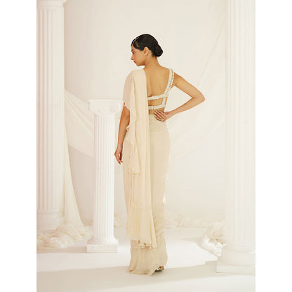 Kapda Dori Ivory Embellished Pre-Draped Ruffle Saree with Stitched Blouse
