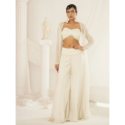 Kapda Dori Ivory Crytal's and Pearl Blouse with Palazzo and Jacket (Set of 3)