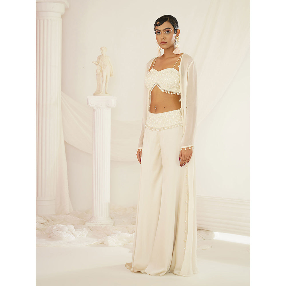 Kapda Dori Ivory Crytal's and Pearl Blouse with Palazzo and Jacket (Set of 3)