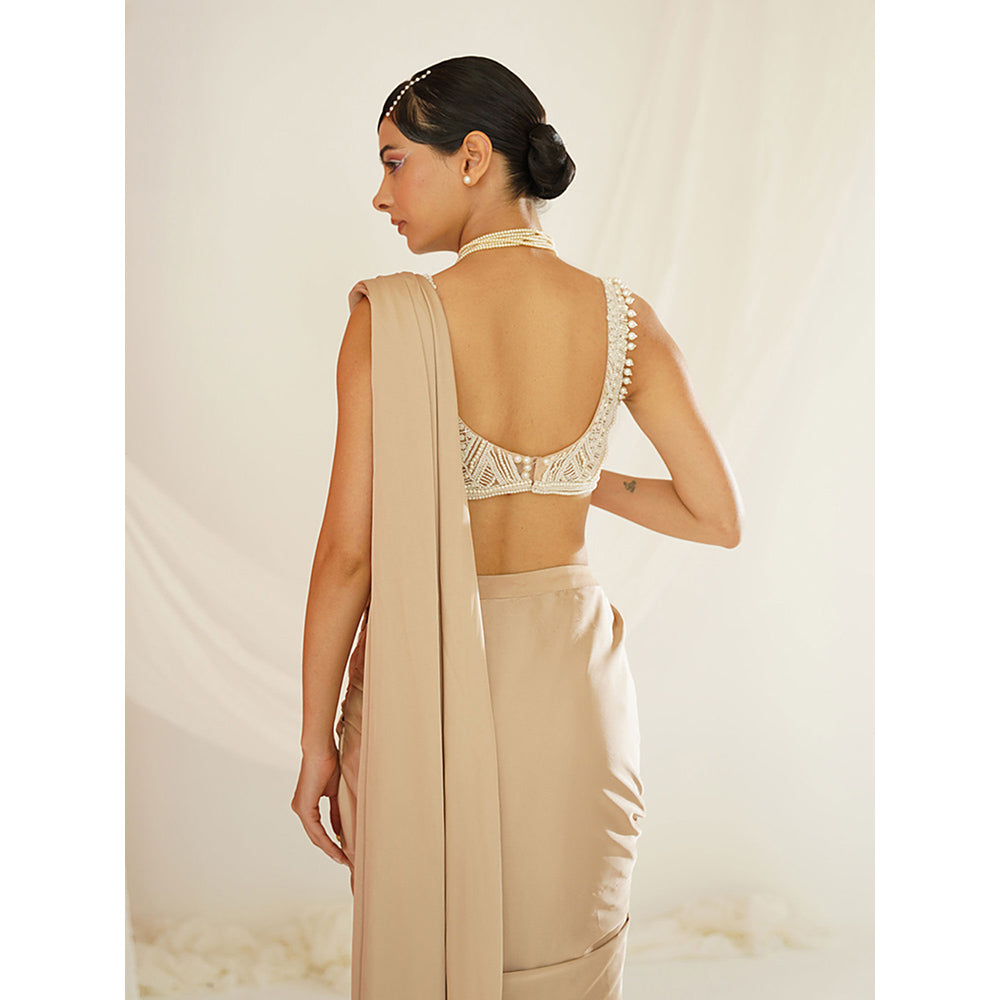 Kapda Dori Nude Embellished Pre-Draped Drape Saree with Stitched Blouse