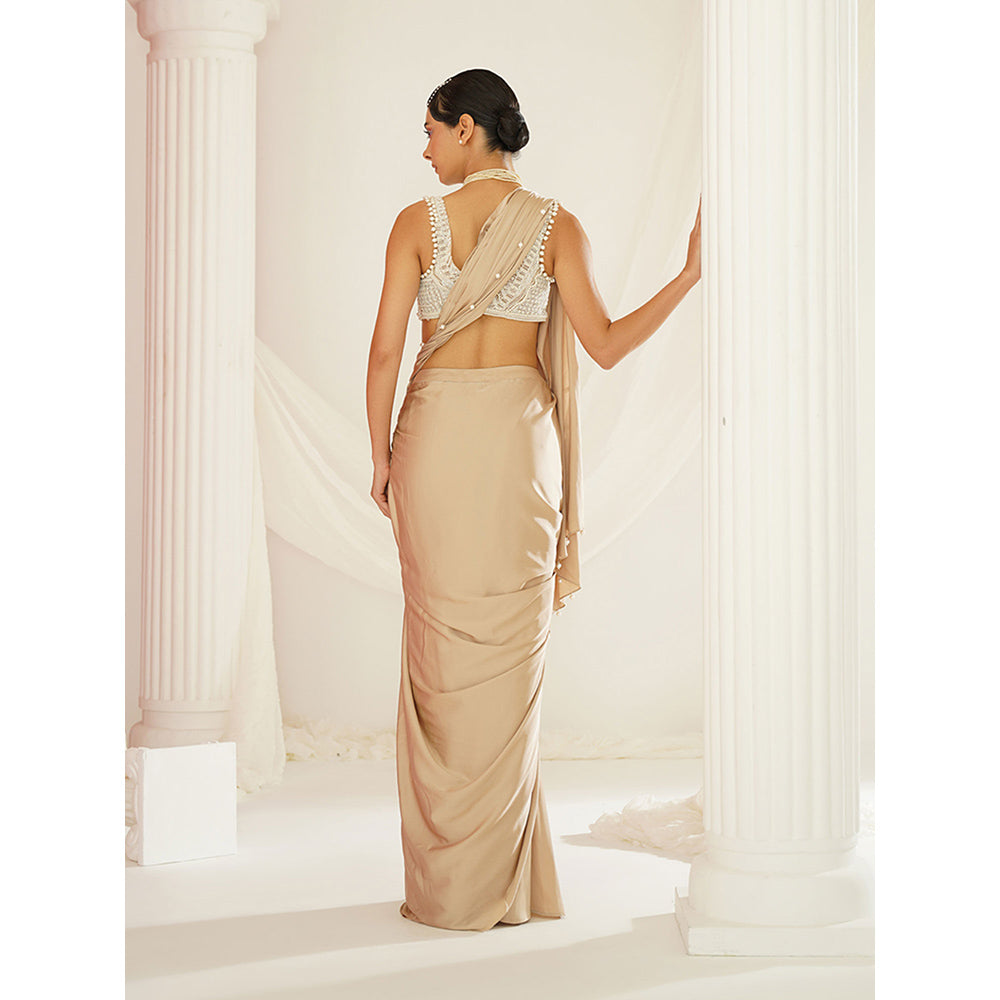Kapda Dori Nude Embellished Pre-Draped Drape Saree with Stitched Blouse