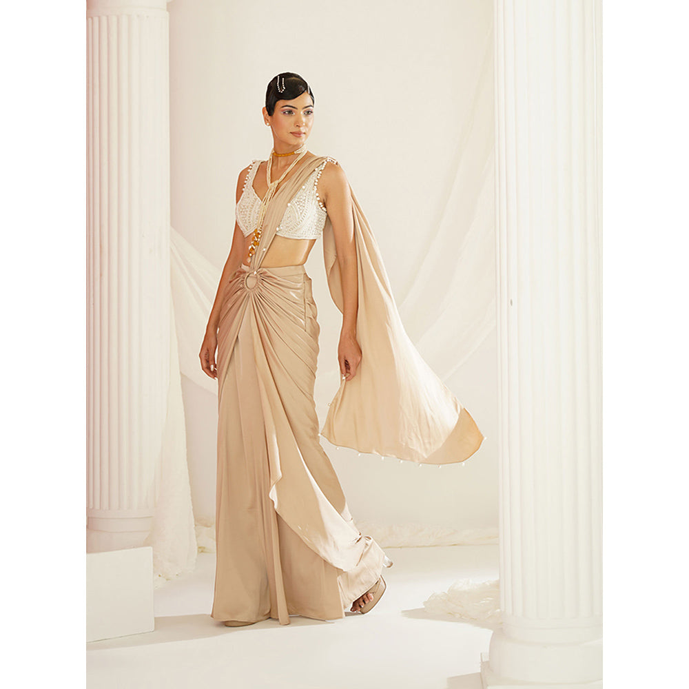Kapda Dori Nude Embellished Pre-Draped Drape Saree with Stitched Blouse