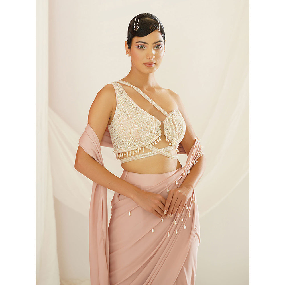 Kapda Dori Blush Pink Embroidered Pre-Draped Drape Saree with Stitched Blouse
