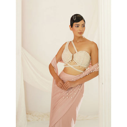 Kapda Dori Blush Pink Embroidered Pre-Draped Drape Saree with Stitched Blouse
