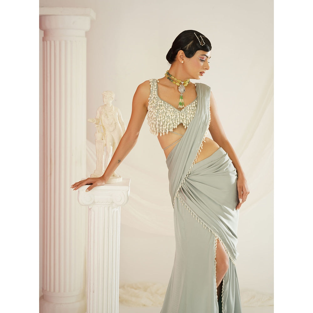 Kapda Dori Sage Green Embroidered Pre-Draped Drape Saree with Stitched Blouse