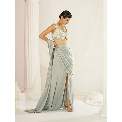 Kapda Dori Sage Green Embroidered Pre-Draped Drape Saree with Stitched Blouse