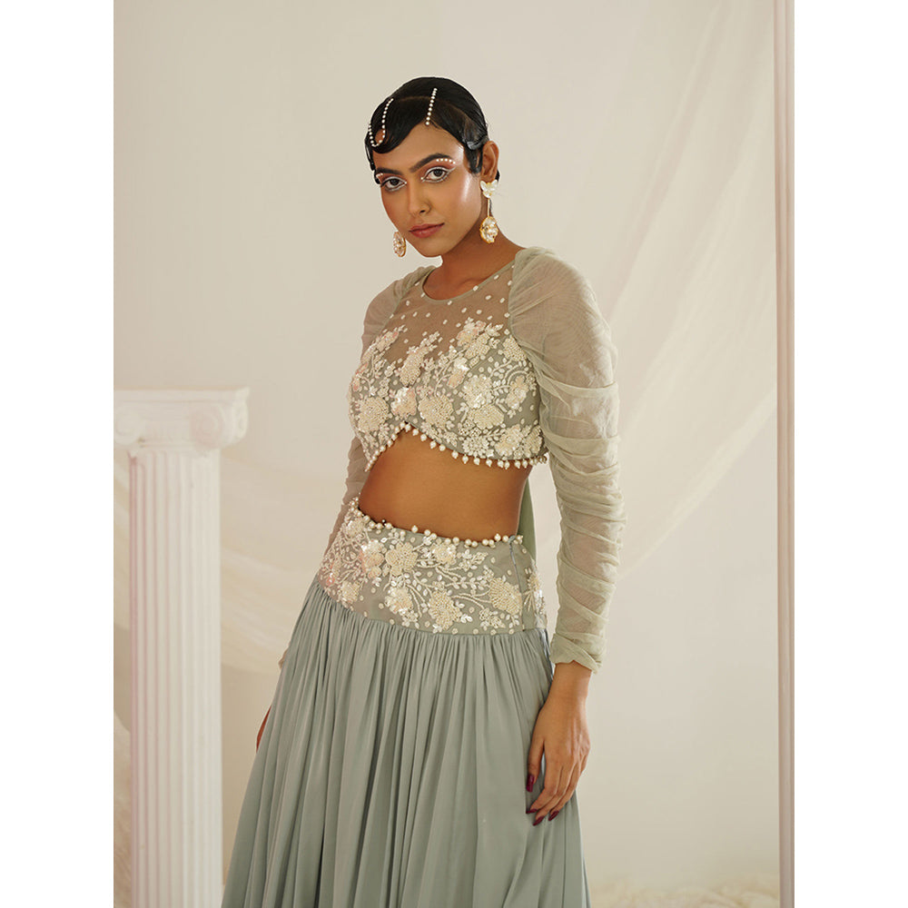 Kapda Dori Sage Green Embroidered Lehenga with Blouse and Dupatta (Set of 3)